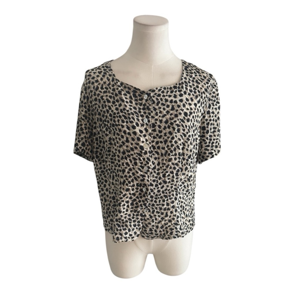 Vintage 80s K Arnold 100% Silk Animal Print‎ Short Sleeve Blouse SZ L Cheetah